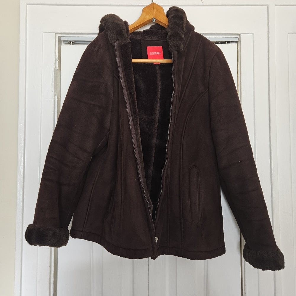 ESPIRIT Faux Suede Faux Fur Chocolate Brown Plush Hooded Jacket Coat Size: XL